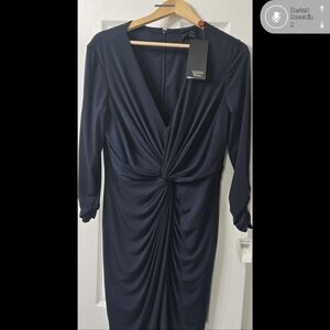 NWT Tadashi Shoji Collection 3/4 Sleeve Front Twist Jersey Dress in Navy Blue XL